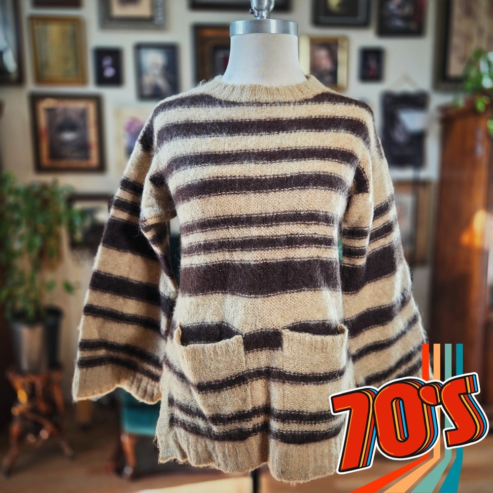 Stevens Creek Mohair Wool Sweater Vintage 70s L Striped Brown Beige Fuzzy‎ Knit